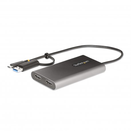 StarTech.com USB-C to Dual-HDMI Adapter, USB-C or A to 2x HDMI, 4K 60Hz, 100W PD Pass-Through, 1ft (30cm) Built-in Cable, Exter