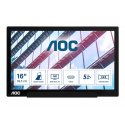 AOC I1601P - Monitor LED - 16" (15.6" visível) - portátil - 1920 x 1080 Full HD (1080p) @ 60 Hz - IPS - 220 cd/m² - 800:1 - 4 m