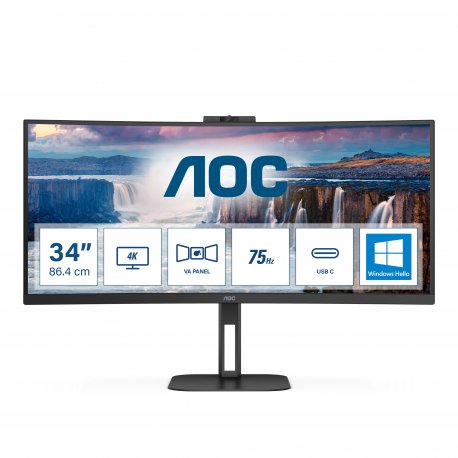 AOC Value-line CU34V5CW/BK - V5 series - monitor LED - curvo - 34" - 3440 x 1440 WQHD @ 100 Hz - VA - 300 cd/m² - 3000:1 - 4 ms