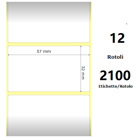 White 57x32mm, 2100Et/Rotolo Z-2000D,2.2x1.3x1Core,12 Rolls ZE800262-125