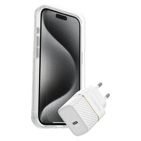 OtterBox KIT Apple iPhone 15 Pro (Symmetry Clear MagSafe / Premium Glass AM / EU USB-C Wall Charger 30W - white) 78-81240