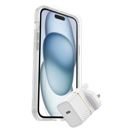 OtterBox KIT Apple iPhone 15 Plus (Symmetry Clear MagSafe / Premium Glass AM / UK USB-C Wall Charger 30W - white) 78-81245