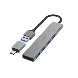 Hub HAMA USB 4 Ports, USB 3.2 Gen 1, 5 Gbit/s, Ultra-Slim, incl. USB-C Adapter 00200141