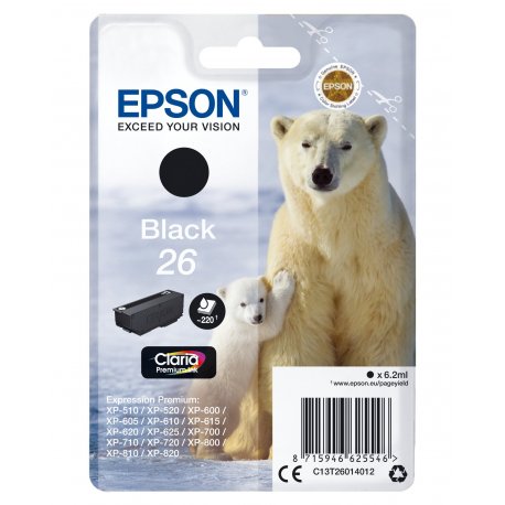 Epson 26 - 6.2 ml - preto - original - tinteiro - para Expression Premium XP-510, 520, 600, 605, 610, 615, 620, 625, 700, 710, 