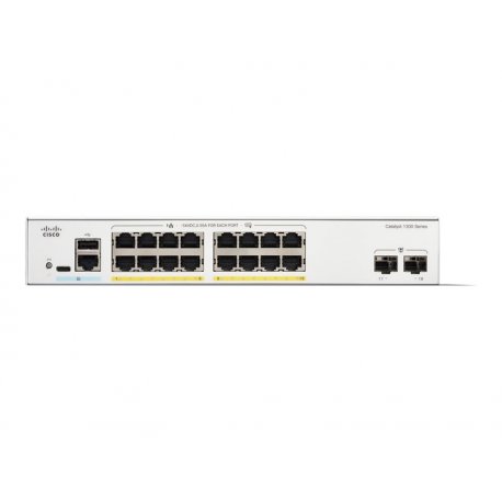 Cisco Catalyst 1300-16FP-2G - Interruptor - L3 - Administrado - 16 x 10/100/1000 (PoE+) + 2 x Gigabit Ethernet SFP - montável e