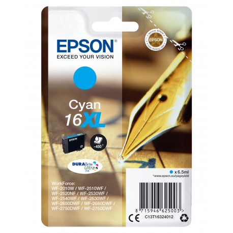 Epson 16XL - 6.5 ml - XL - azul cyan - original - blister - tinteiro - para WorkForce WF-2010, 2510, 2520, 2530, 2540, 2630, 26